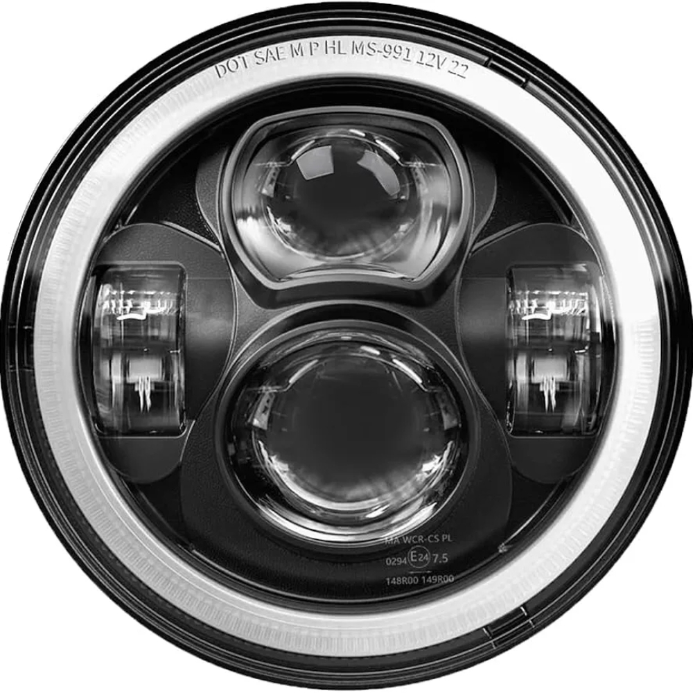 Round LED Headlight with Black and Silver Accents